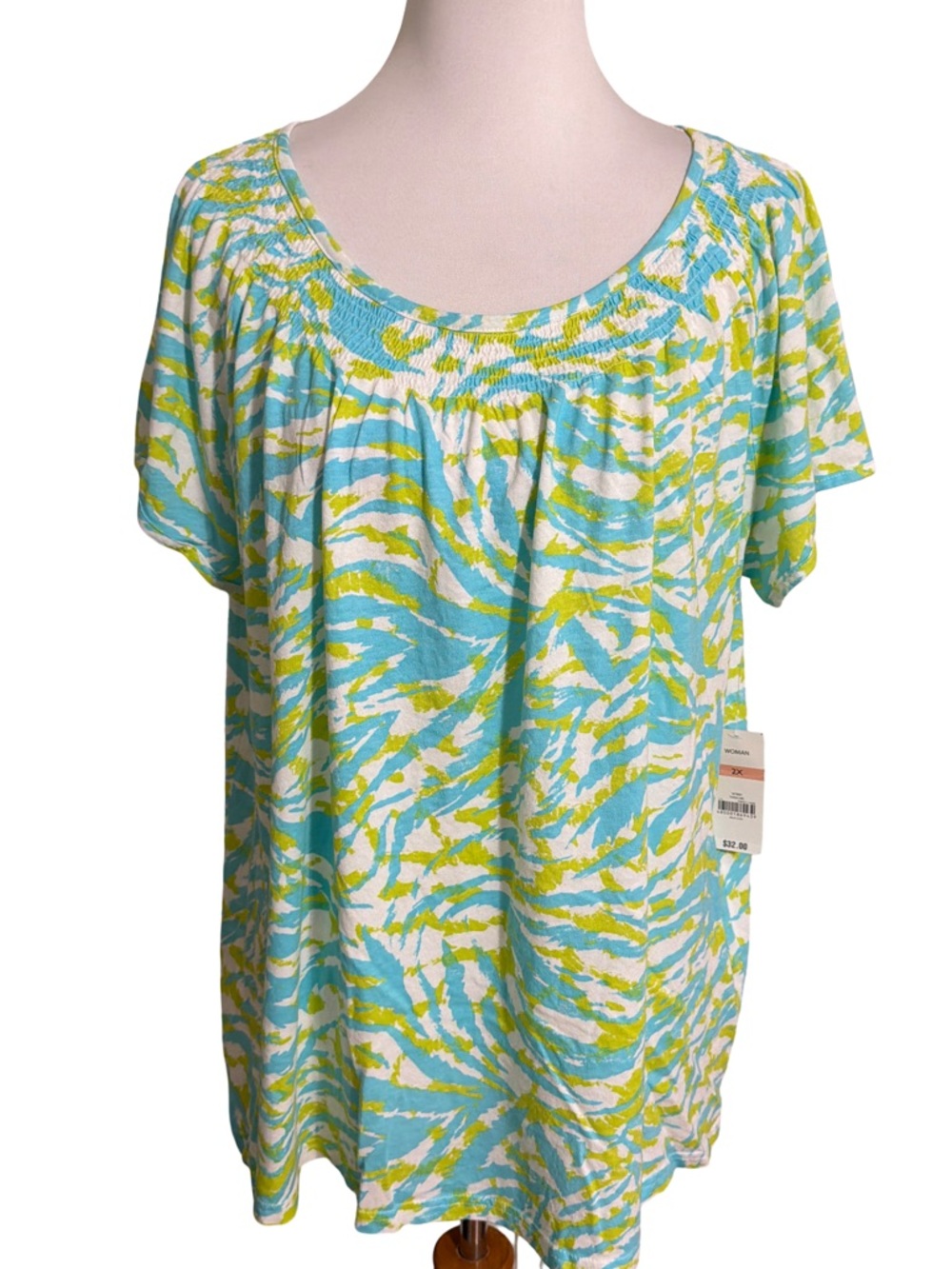 Kim Rogers Aqua & Lime Scoop Neck Printed Blouse